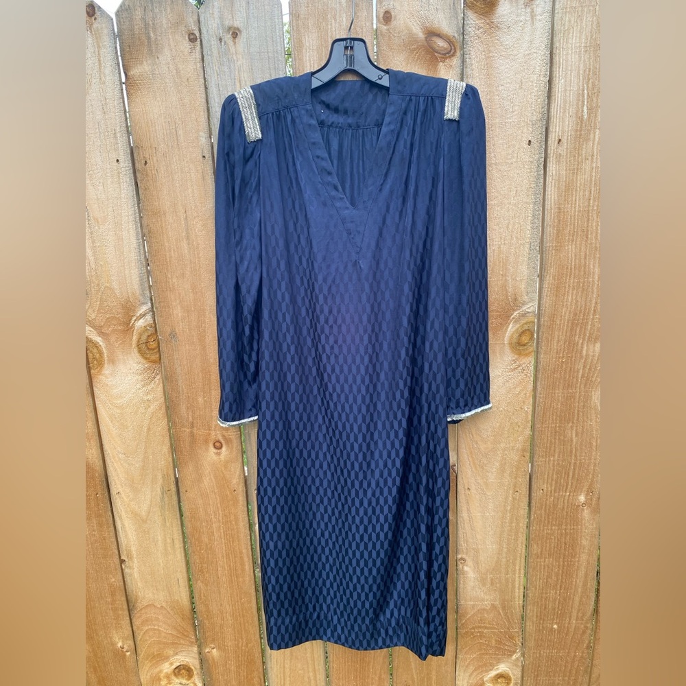 VTG 70's Nipon Boutique Silk Blue Chevron Midi Dress w/Silver Hardware & POCKETS